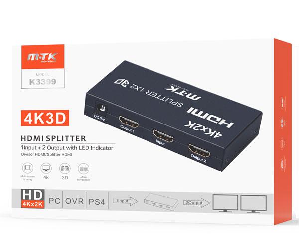 Splitter HDMI 4k 1x2 / K3399 / Metalico con fuente de alimentacion / Incluye mando / Mtk - Imagen 2