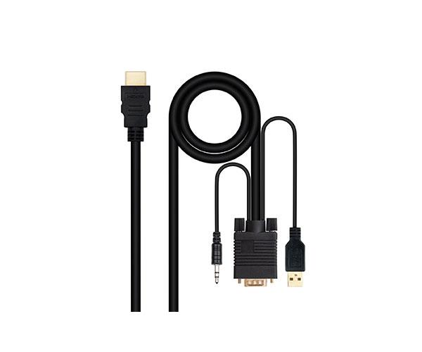 Cable adaptador HDMI a VGA + Audio + USB (Cables 1.8 Metros) Negro / Nanocable 10.15.4350