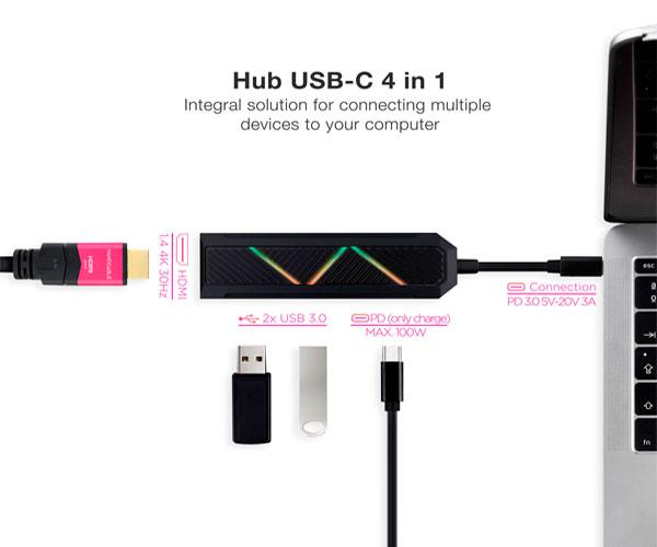 Hub Type-C 4 en 1 Nanocable / Conversor USB-C a 2xUSB-A / USB-C PD / HDMI / Iluminacion Led / 10.16.0401 - Imagen 2