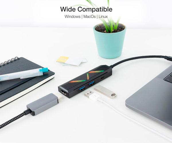 Hub Type-C 4 en 1 Nanocable / Conversor USB-C a 2xUSB-A / USB-C PD / HDMI / Iluminacion Led / 10.16.0401 - Imagen 4