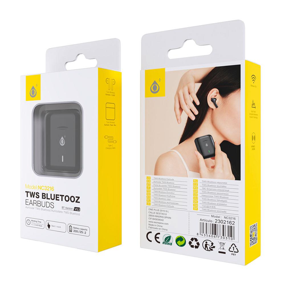 Auriculares estereo Bluetooth 5.3 NC3216 Negro / Tws / Control tactil / Base de carga 200mah / One+ - Imagen 2