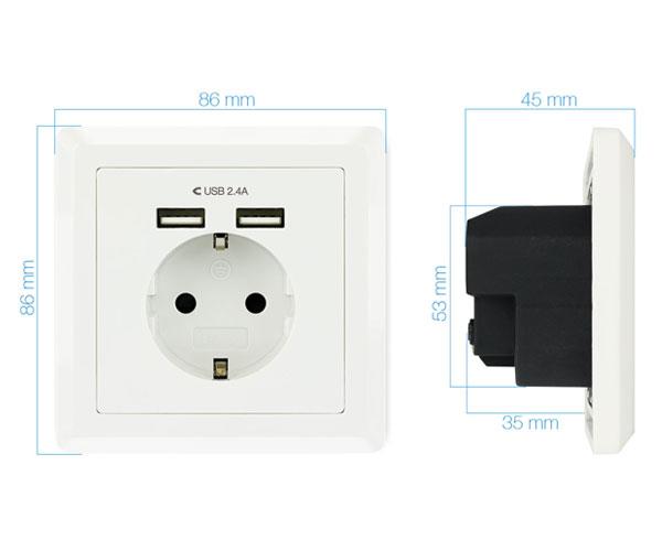 Base de enchufe de pared tipo schuko con 2 tomas USB Max. 2.4A, blanca / C-10.35.0010 - Imagen 2