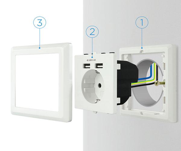 Base de enchufe de pared tipo schuko con 2 tomas USB Max. 2.4A, blanca / C-10.35.0010 - Imagen 4