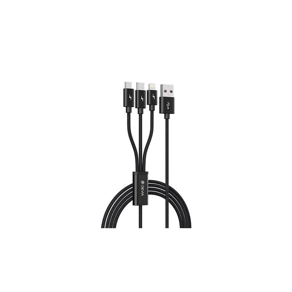 Cable datos DEVIA Gracious 3 en 1 (Micro Usb, Iphone, Type C) / 5V / 3A / 1.2M / Negro / 337086