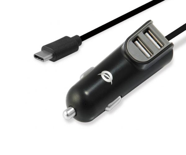 Cargador de coche-mechero con cable Type-C / 2x Usb / 15.5w / Negro / Carden05b / Conceptronic