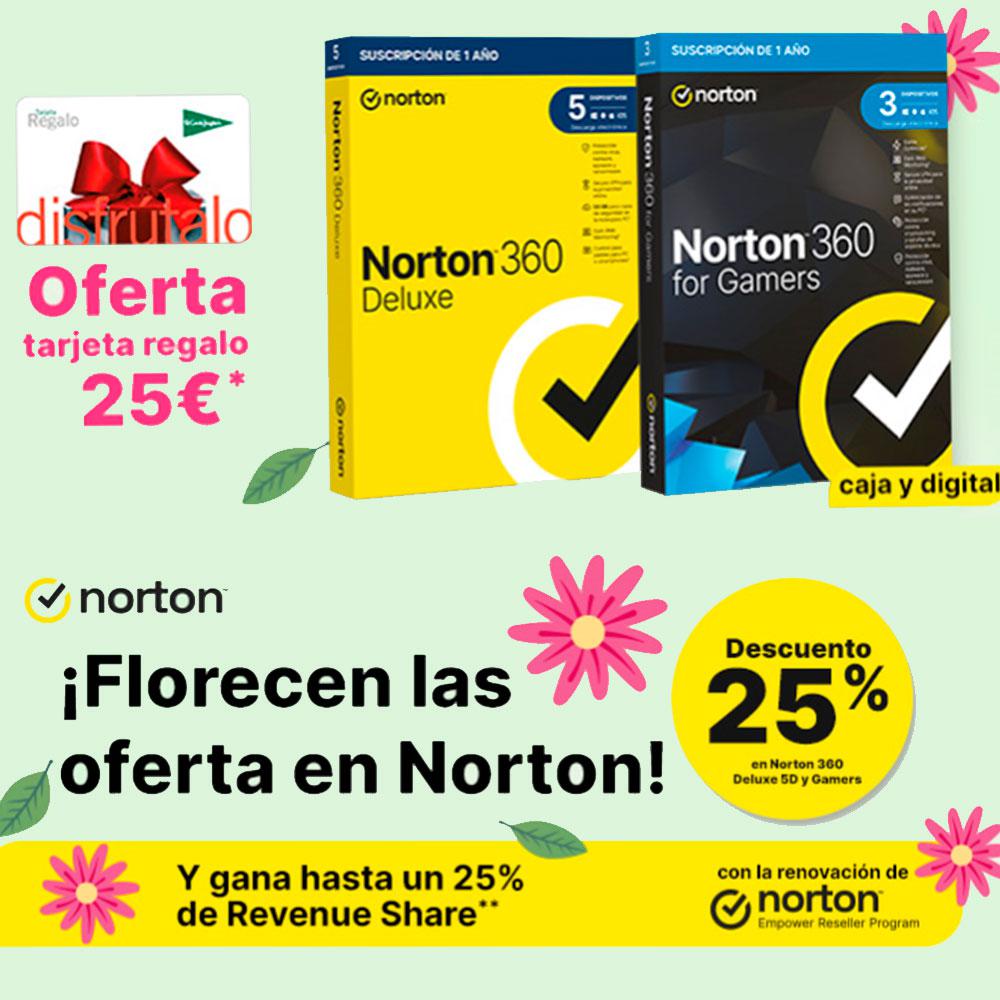 Promoción 25% Descuento Norton 360 Deluxe 50Gb / 1 Usuario / 5 Dispositivos / 1 Año / Box / 21424440