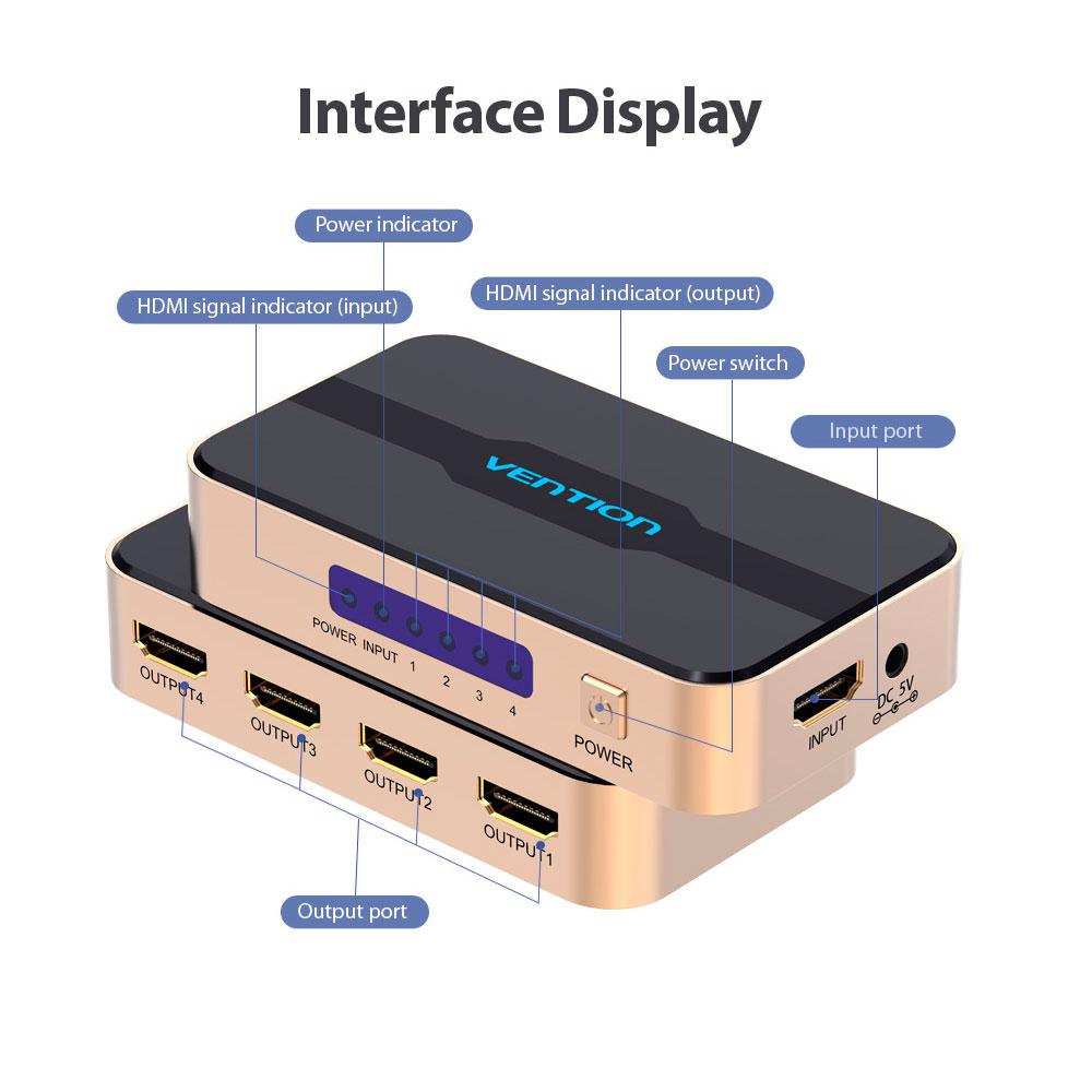 Splitter Hdmi 1x4 / 4K / Con alimentacion / Aluminio / Vention / Negro - Dorado / ACCG0-EU - Imagen 3