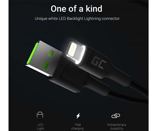 Cable datos USB 2.0 a Lightning Iiphone 5-12 / 1.2m / 2.4a / Led Blanco / KABGC05 / Greencell - Imagen 2