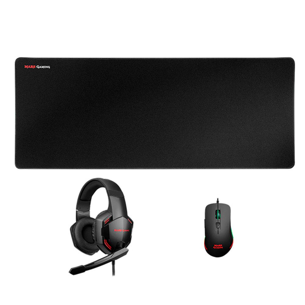 Raton Rgb + Alfombrilla XL + Auriculares 7.1 Mars Gaming MCPPRO / 9800 Dpi / Super Bass 50mm / Negro