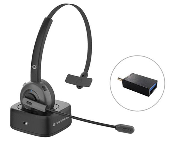 Auricular Bluetooth Conceptronic POLONA03BD / Base de carga / Bt 5.0 / Cancelacion de ruido / Microfono giratorio