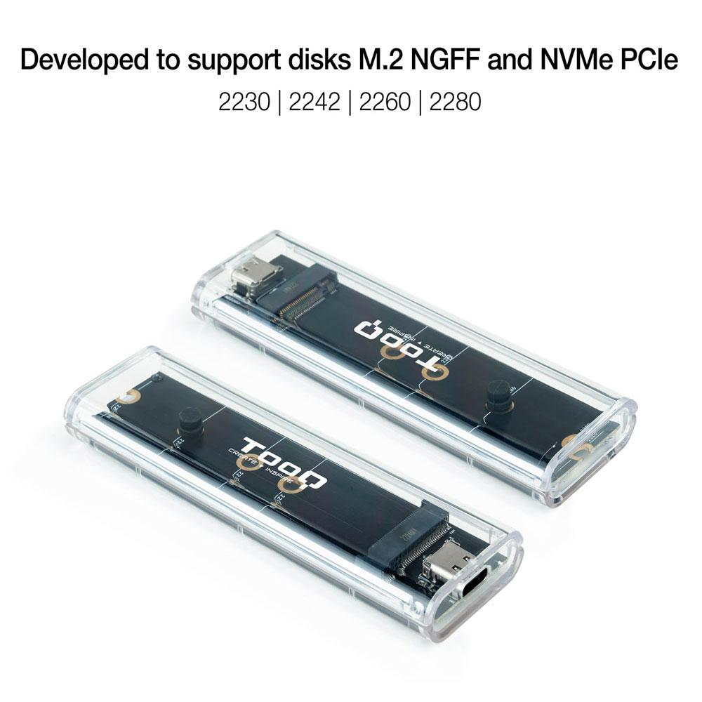 Caja externa SSd M.2 Ngff / NVMe PCIe Type-C USB 3.1 Gen2 / RGB / Tooq / Transparente / TQE-2200 - Imagen 2