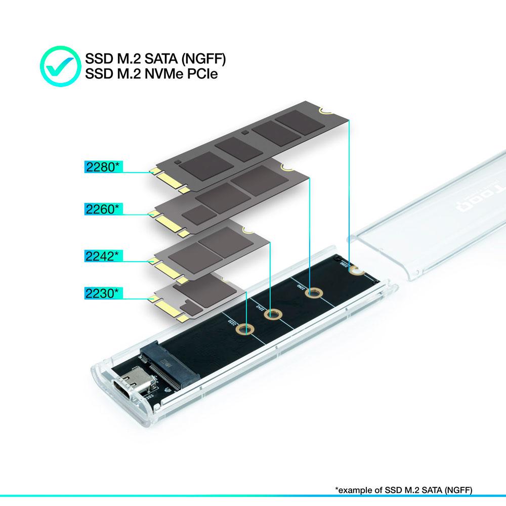 Caja externa SSd M.2 Ngff / NVMe PCIe Type-C USB 3.1 Gen2 / RGB / Tooq / Transparente / TQE-2200 - Imagen 3