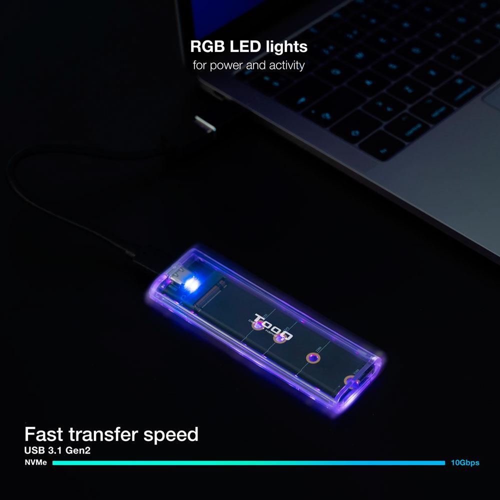 Caja externa SSd M.2 Ngff / NVMe PCIe Type-C USB 3.1 Gen2 / RGB / Tooq / Transparente / TQE-2200 - Imagen 4