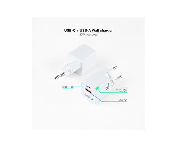 Cargador de red Usb + Type-C / 20W / Blanco / TQWC-QCPD20WT / Tooq - Imagen 2