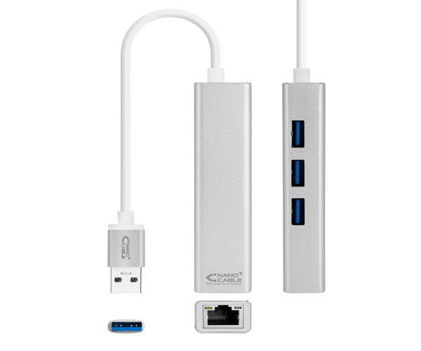 Adaptador conversor USB 3.0 a Ethernet Gigabit RJ45 + 3x USB 3.0 / Plata / 15 cm / 10.03.0403