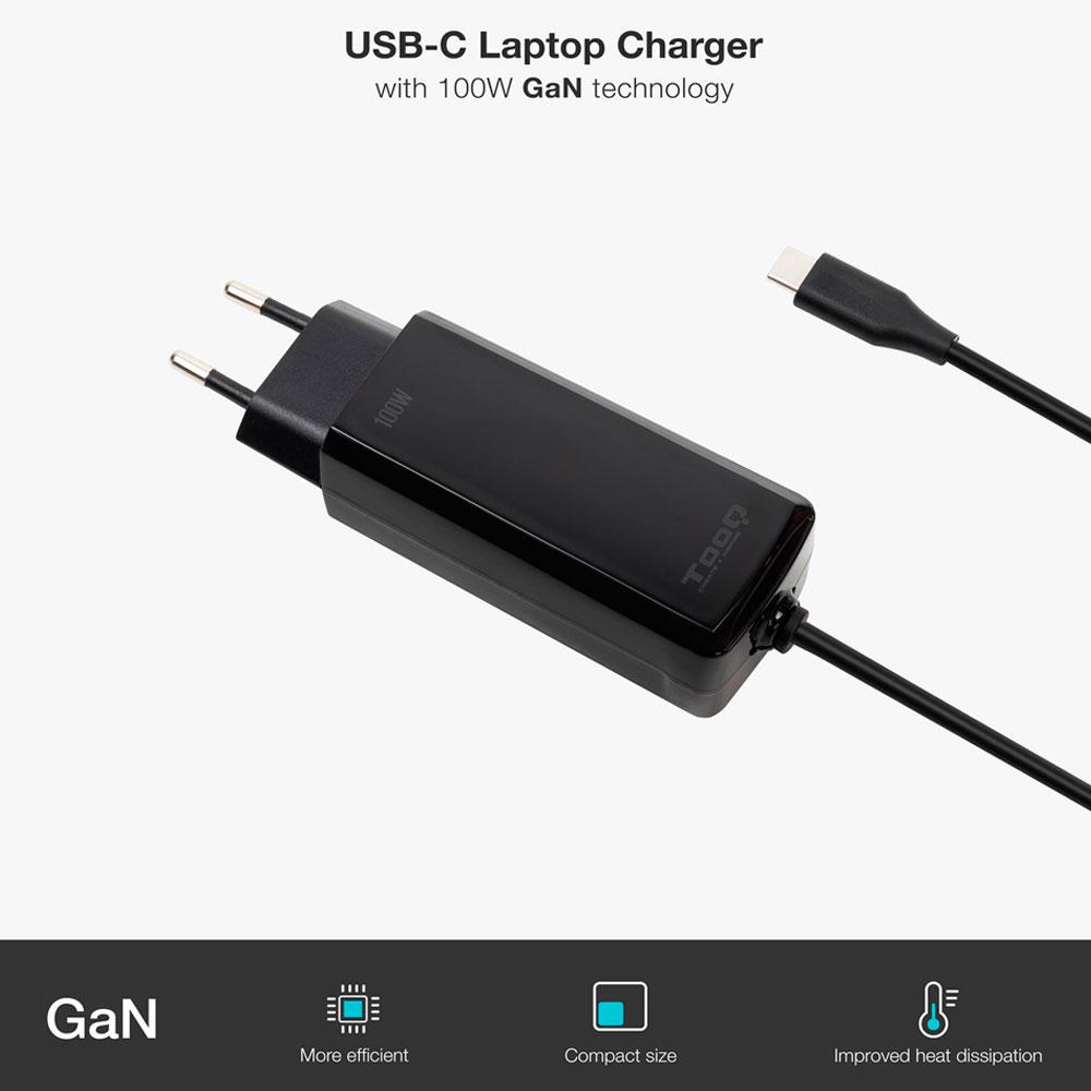 Cargador para portátil universal automático GAN 100W Type-C PD / Tooq / Negro / TQLC-USBCGAN100PD-C