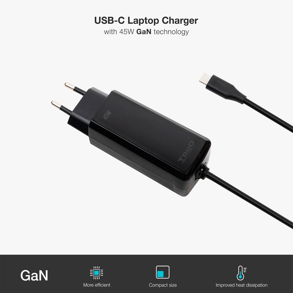 Cargador para portátil universal automático GAN 45W Type-C PD / Tooq / Negro / TQLC-USBCGAN45PD-C