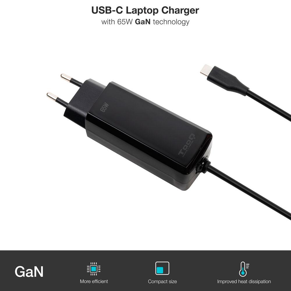 Cargador para portátil universal automático GAN 65W Type-C PD / Tooq / Negro / TQLC-USBCGAN65PD-C